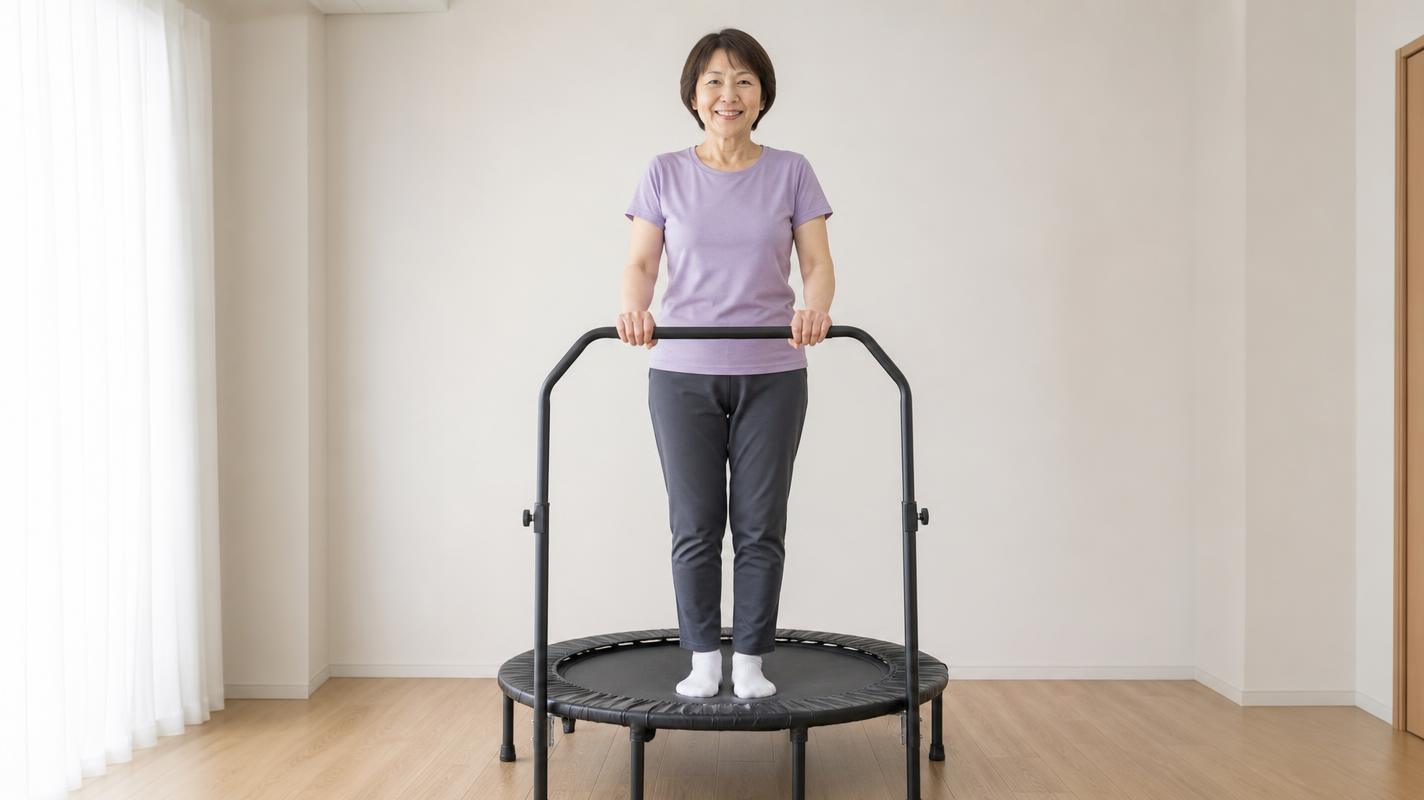 手すりつきトランポリンにのる女性